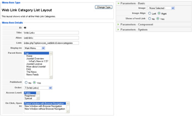 Editing the web link menu item